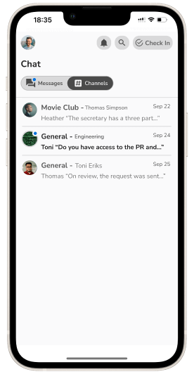 ThetaCore chat list screen